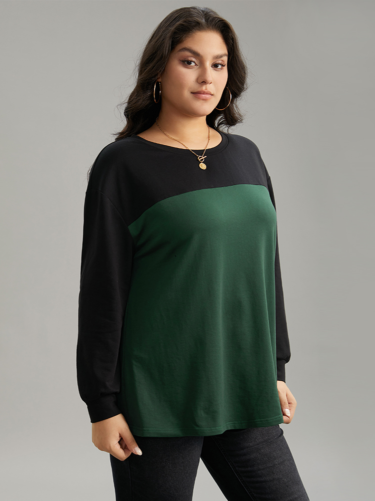 Plus Size Two Tone Patchwork Round Neck Sweatshirt Women Green Casual Contrast Round Neck Dailywear Sweatshirts BloomChic 12/L 