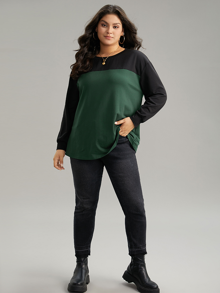 Plus Size Two Tone Patchwork Round Neck Sweatshirt Women Green Casual Contrast Round Neck Dailywear Sweatshirts BloomChic 12/L 