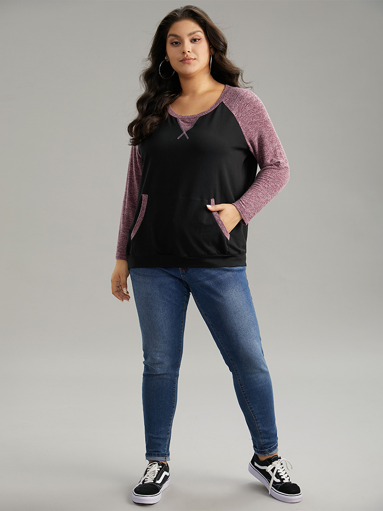 

Plus Size Heather Stitch Pocket Raglan Sleeve Sweatshirt Women Black Casual Contrast Round Neck Dailywear Sweatshirts BloomChic