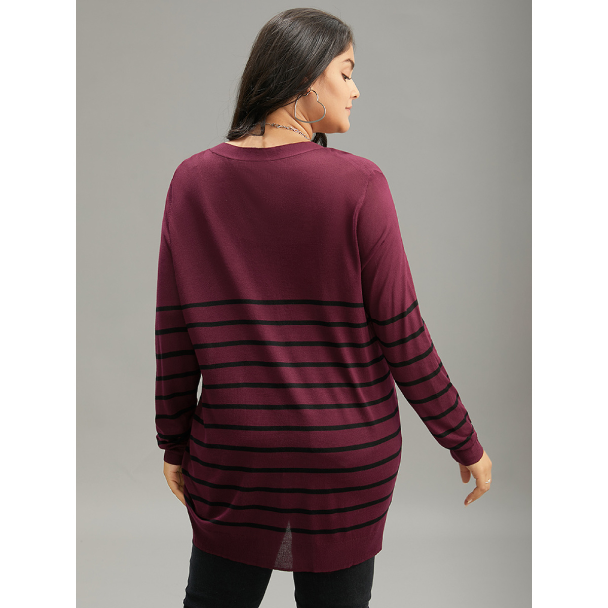 

Plus Size Supersoft Essentials Striped Button Fly Tunic Cardigan Burgundy Women Casual Loose Long Sleeve Dailywear Cardigans BloomChic