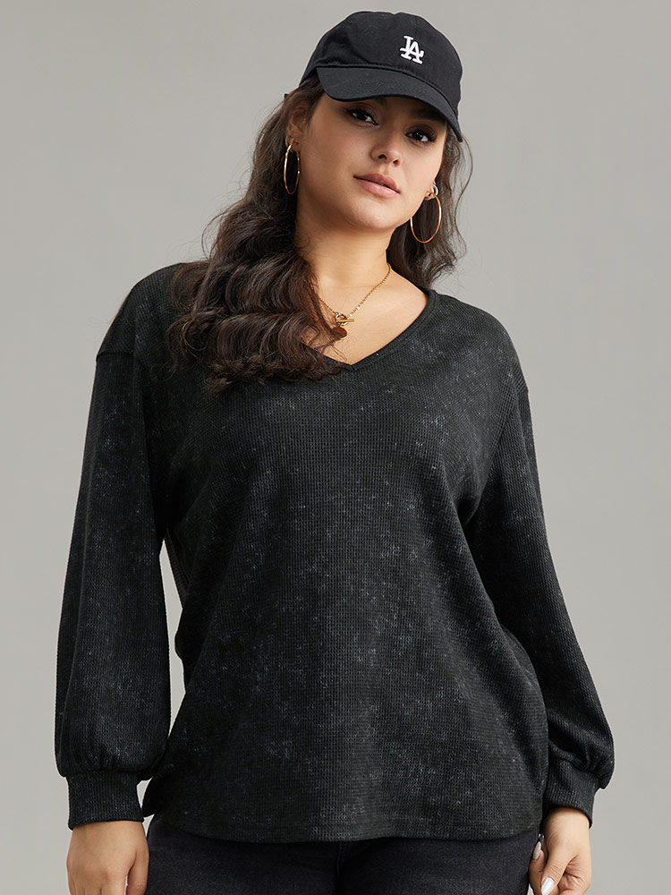 

Plus Size Waffle Knit Heather V Neck T-shirt Black Women Casual Waffle Knit Plain V-neck Everyday T-shirts BloomChic