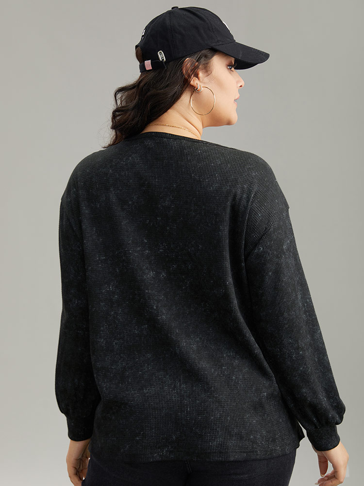 Plus Size Waffle Knit Heather V Neck T-shirt Black Women Casual Waffle Knit Plain V-neck Everyday T-shirts BloomChic 26/4X 