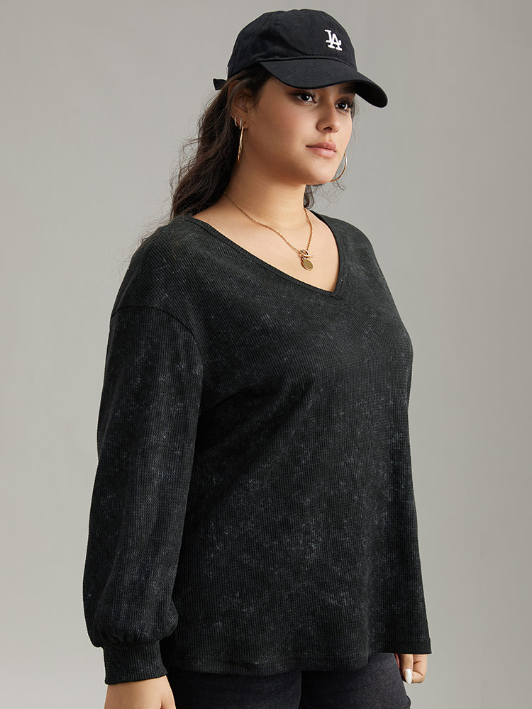 

Plus Size Waffle Knit Heather V Neck T-shirt Black Women Casual Waffle Knit Plain V-neck Everyday T-shirts BloomChic