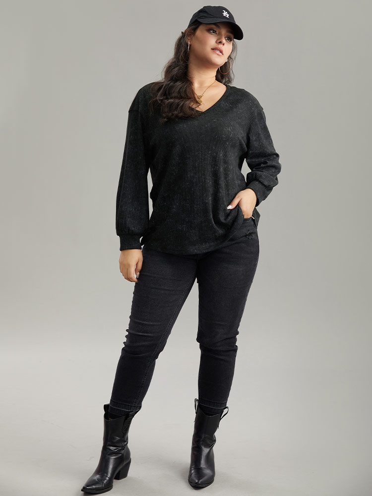 Plus Size Waffle Knit Heather V Neck T-shirt Black Women Casual Waffle Knit Plain V-neck Everyday T-shirts BloomChic 26/4X 