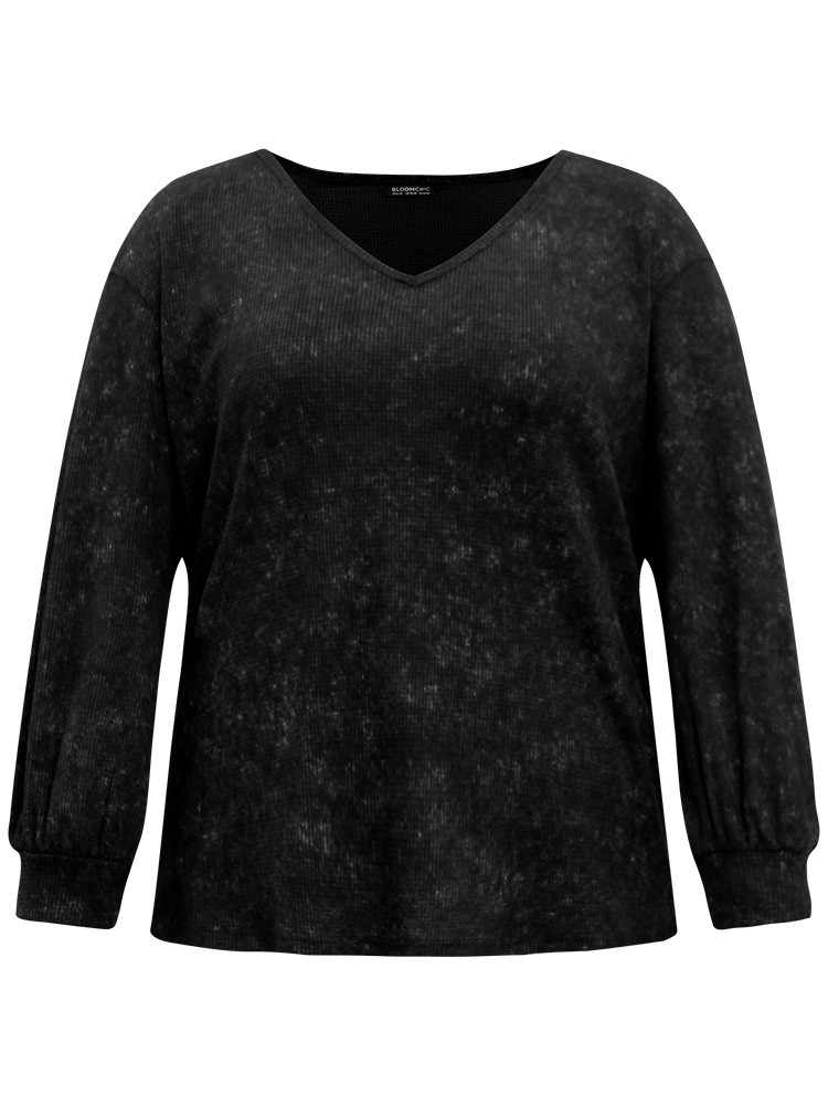 Plus Size Waffle Knit Heather V Neck T-shirt Black Women Casual Waffle Knit Plain V-neck Everyday T-shirts BloomChic 26/4X 
