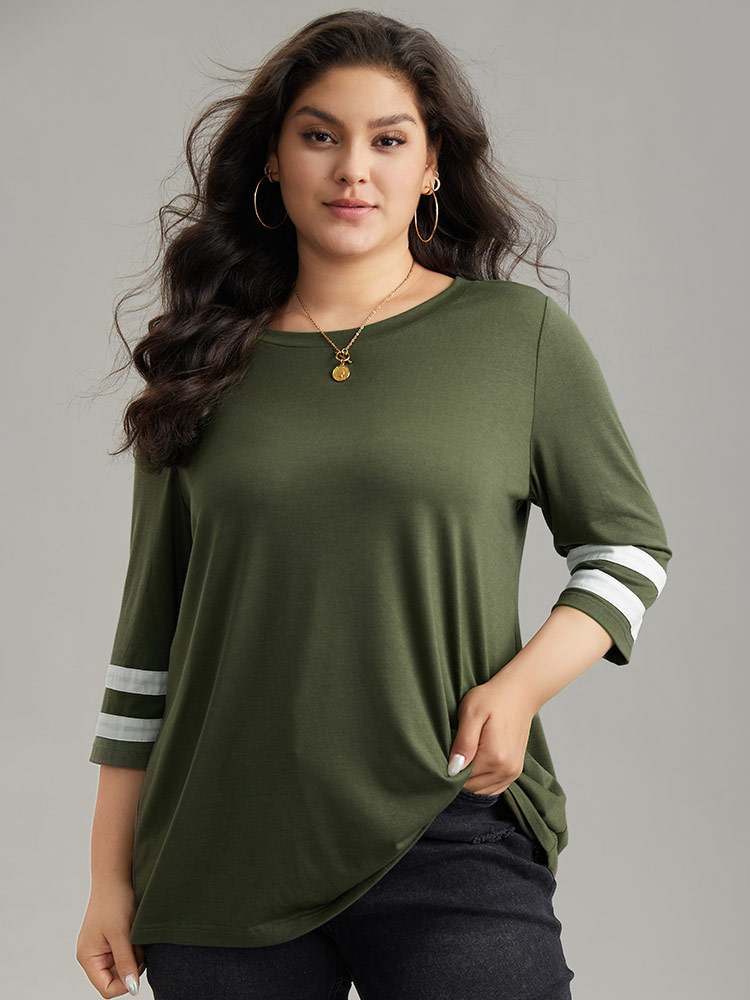 

Plus Size Two Tone Striped Crew Neck T-shirt ArmyGreen Women Casual Contrast Striped Round Neck Dailywear T-shirts BloomChic