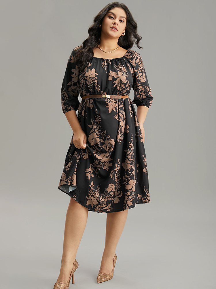 

Plus Size Silhouette Floral Print Elastic Cuffs Dress Black Women Elegant Elastic cuffs Square Neck Elbow-length sleeve Curvy Midi Dress BloomChic