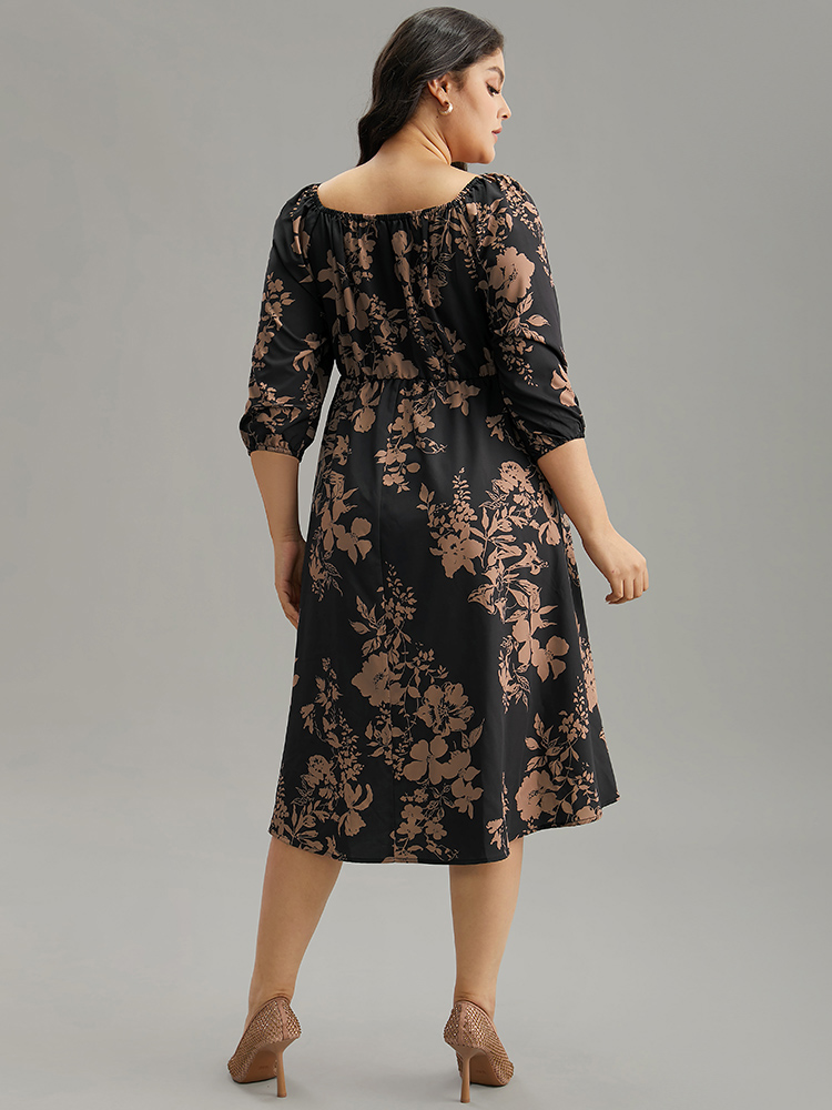 

Plus Size Silhouette Floral Print Elastic Cuffs Dress Black Women Elegant Elastic cuffs Square Neck Elbow-length sleeve Curvy Midi Dress BloomChic