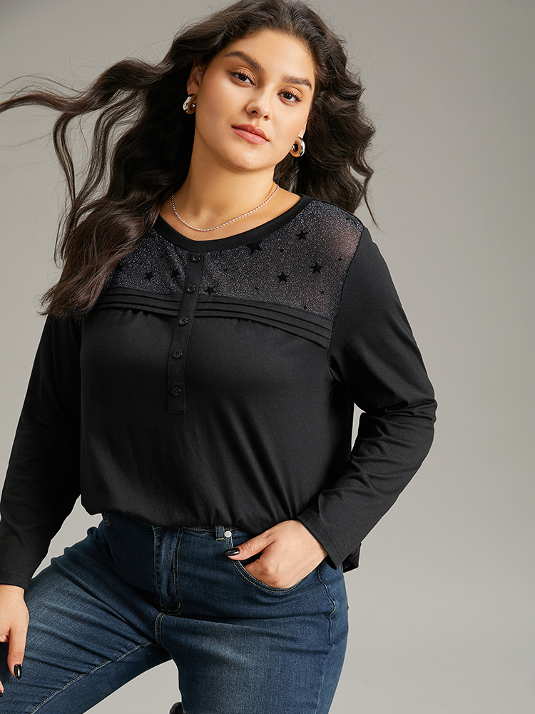 

Plus Size Star Mesh Patchwork Button Detail T-shirt Black Women Elegant See through Moon and Star Round Neck Dailywear T-shirts BloomChic