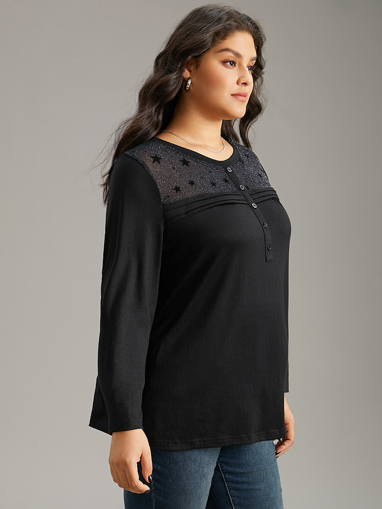 Plus Size Women Dailywear Moon and Star See through Regular Sleeve Long Sleeve Round Neck Elegant T-shirts BloomChic 