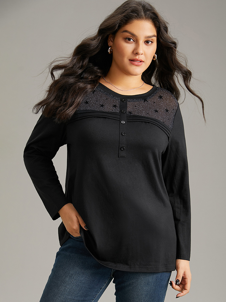 Plus Size Women Dailywear Moon and Star See through Regular Sleeve Long Sleeve Round Neck Elegant T-shirts BloomChic 