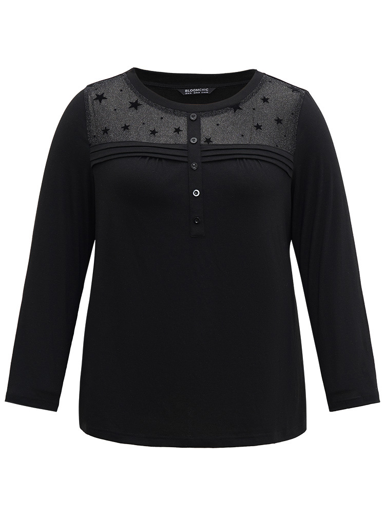 Plus Size Women Dailywear Moon and Star See through Regular Sleeve Long Sleeve Round Neck Elegant T-shirts BloomChic 