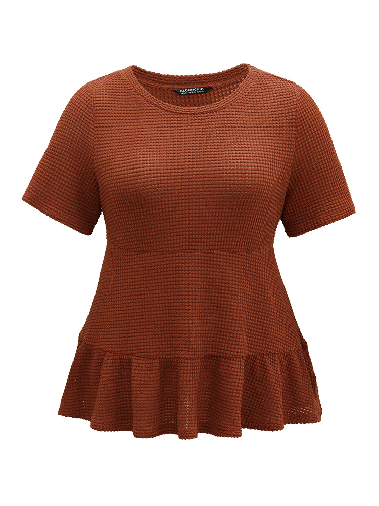 

Plus Size Plain Waffle Knit Flutter Hem T-shirt Rust Women Casual Waffle Knit Plain Round Neck Everyday T-shirts BloomChic