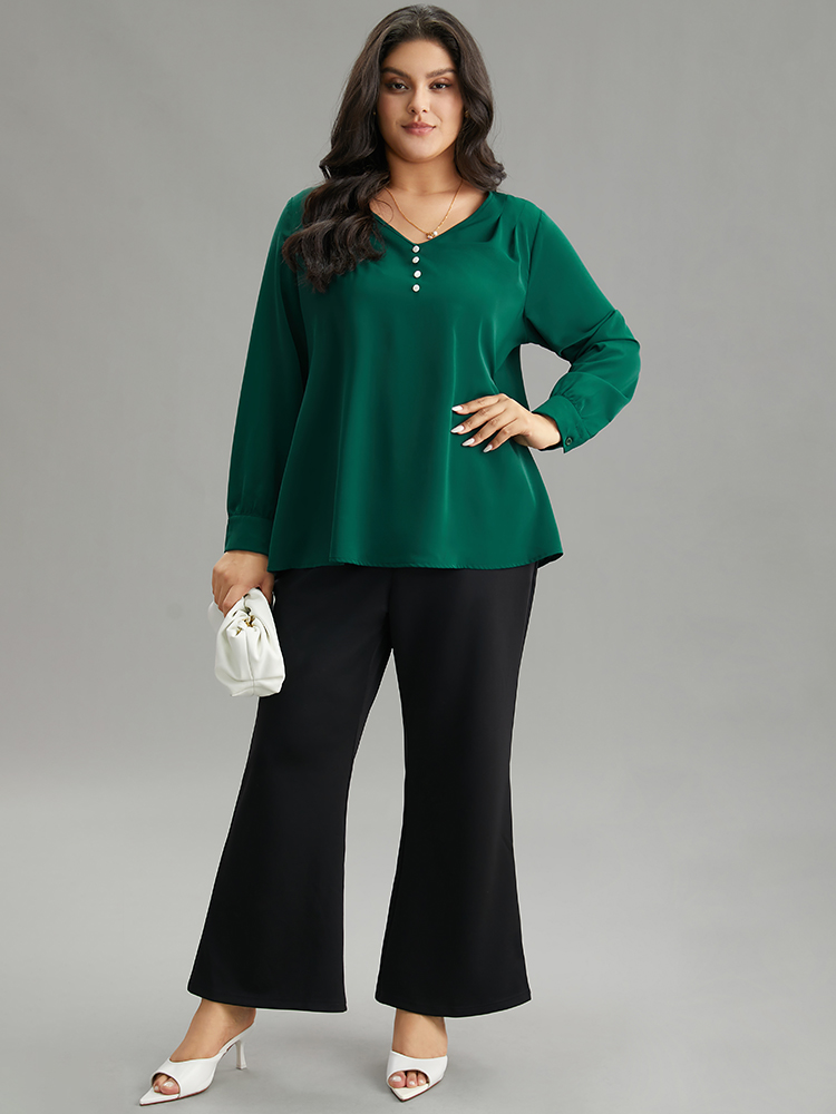 

Plus Size DarkGreen Static-Free Button Detail Pleated Blouse Women Office Long Sleeve V-neck Work Blouses BloomChic