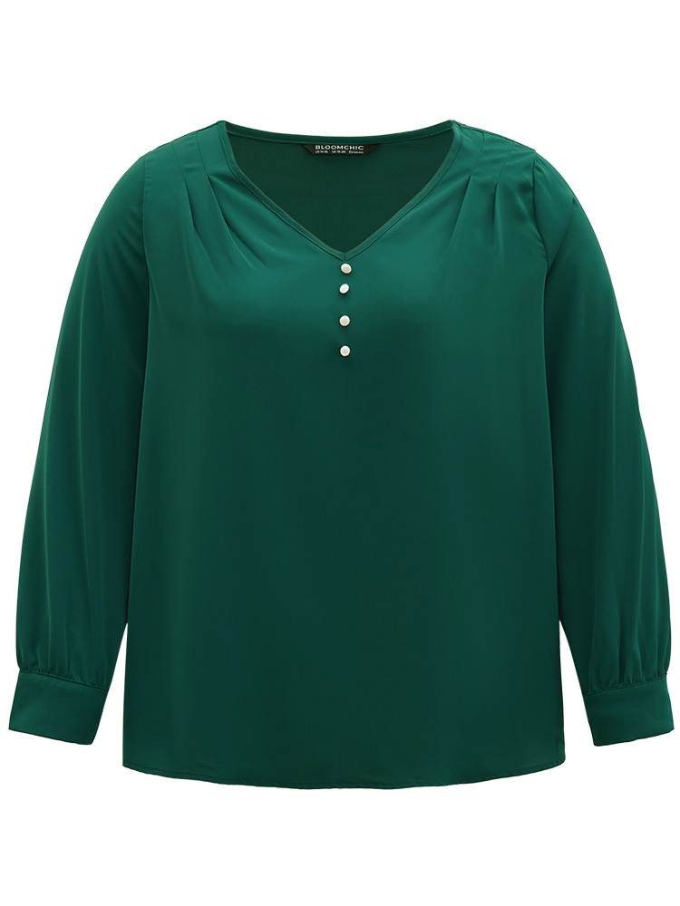 Plus Size Women Work Plain Contrast Regular Sleeve Long Sleeve V-neck Office Blouses BloomChic 