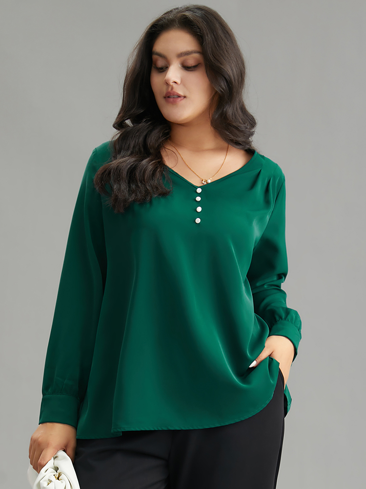 Plus Size Women Work Plain Contrast Regular Sleeve Long Sleeve V-neck Office Blouses BloomChic 