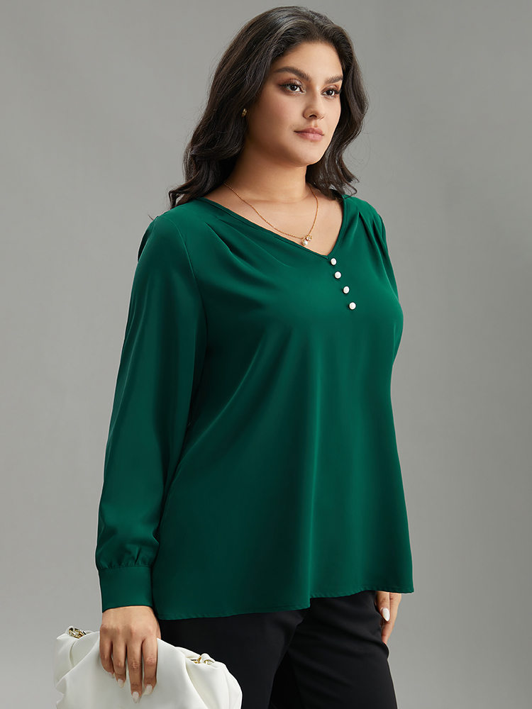Plus Size Women Work Plain Contrast Regular Sleeve Long Sleeve V-neck Office Blouses BloomChic 