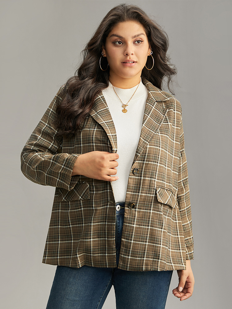 

Plus Size Plaid Flap Pocket Button Through Blazer Bronze Women Work Plaid Contrast Sleeve Long Sleeve Lapel Collar  Pocket Office Blazers BloomChic