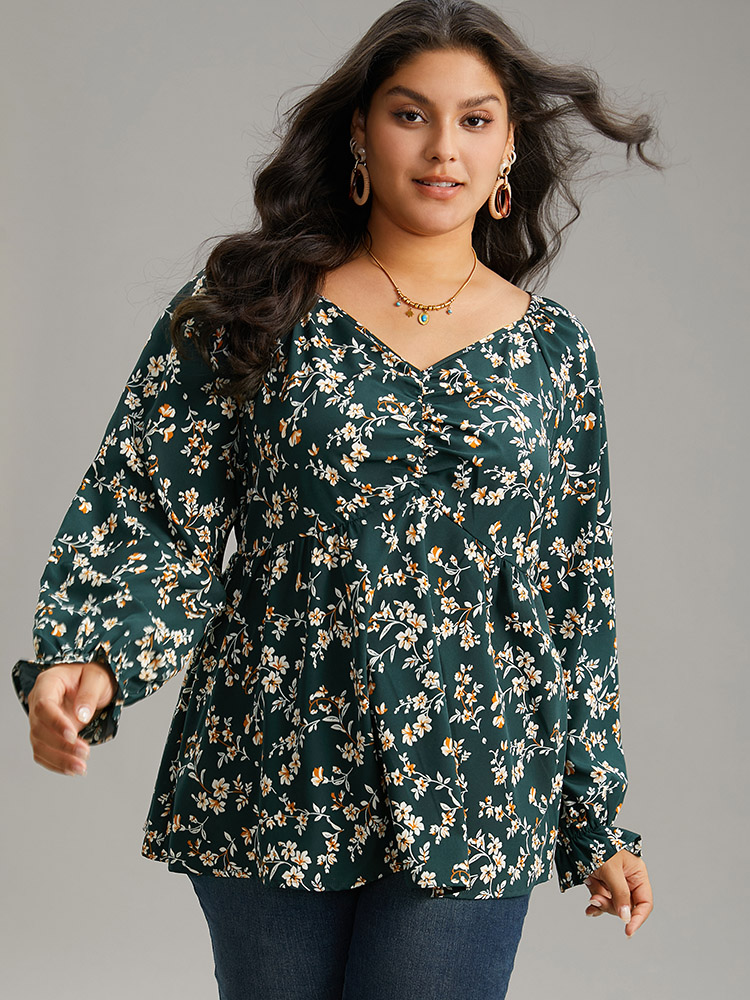 

Plus Size DarkGreen Floral Print Ruched Lantern Sleeve Blouse Women Elegant Long Sleeve V-neck Dailywear Blouses BloomChic