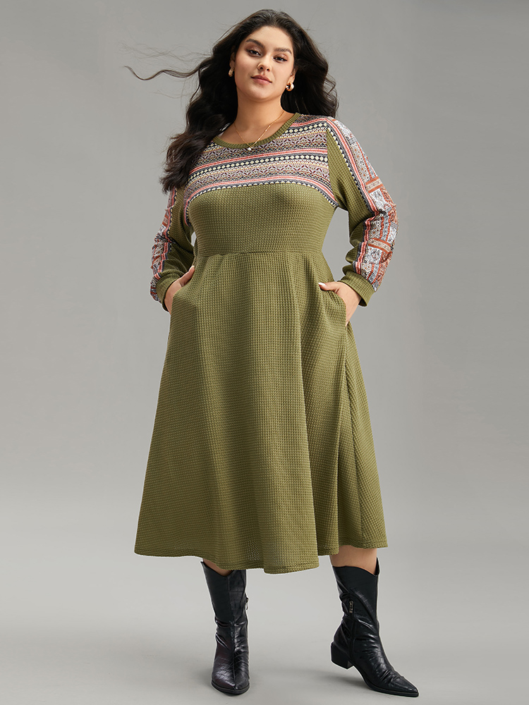 

Plus Size Boho Print Striped Patchwork Waffle Knit Dress ArmyGreen Women Casual Waffle Knit Round Neck Long Sleeve Curvy Midi Dress BloomChic