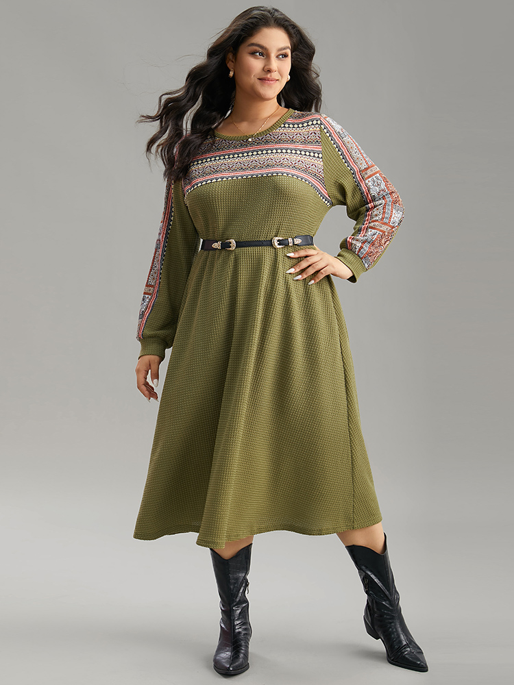 

Plus Size Boho Print Striped Patchwork Waffle Knit Dress ArmyGreen Women Casual Waffle Knit Round Neck Long Sleeve Curvy Midi Dress BloomChic