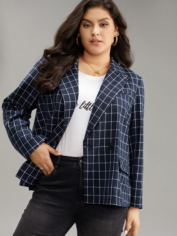 

Plus Size Plaid Flap Detail Suit Collar Button Up Blazer DarkBlue Women Dailywear Plaid Contrast Sleeve Long Sleeve Suit Collar  Pocket Casual Blazers BloomChic