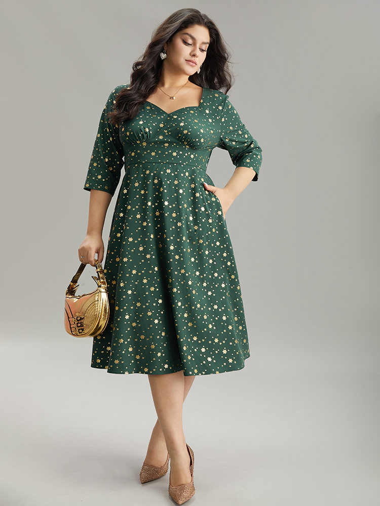 

Plus Size Star Glitter Square Neck Gathered Dress DarkGreen Women Party Printed Square Neck Elbow-length sleeve Curvy Midi Dress BloomChic