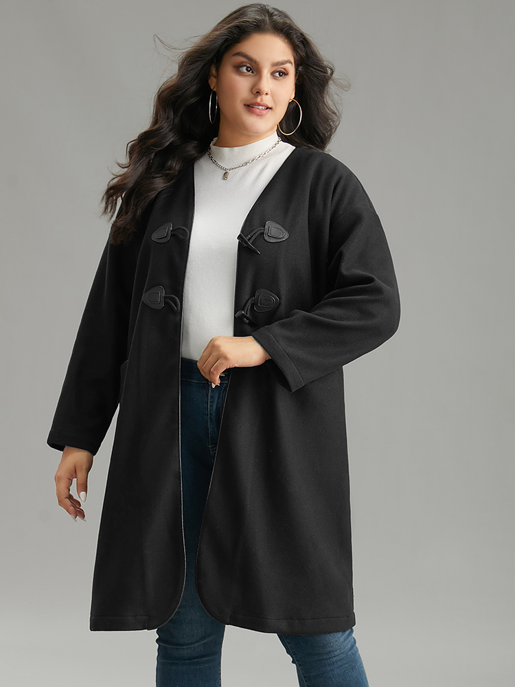 

Plus Size Plain Duffle Button Pocket Coat Women Black Casual Plain Ladies Dailywear Winter Coats BloomChic