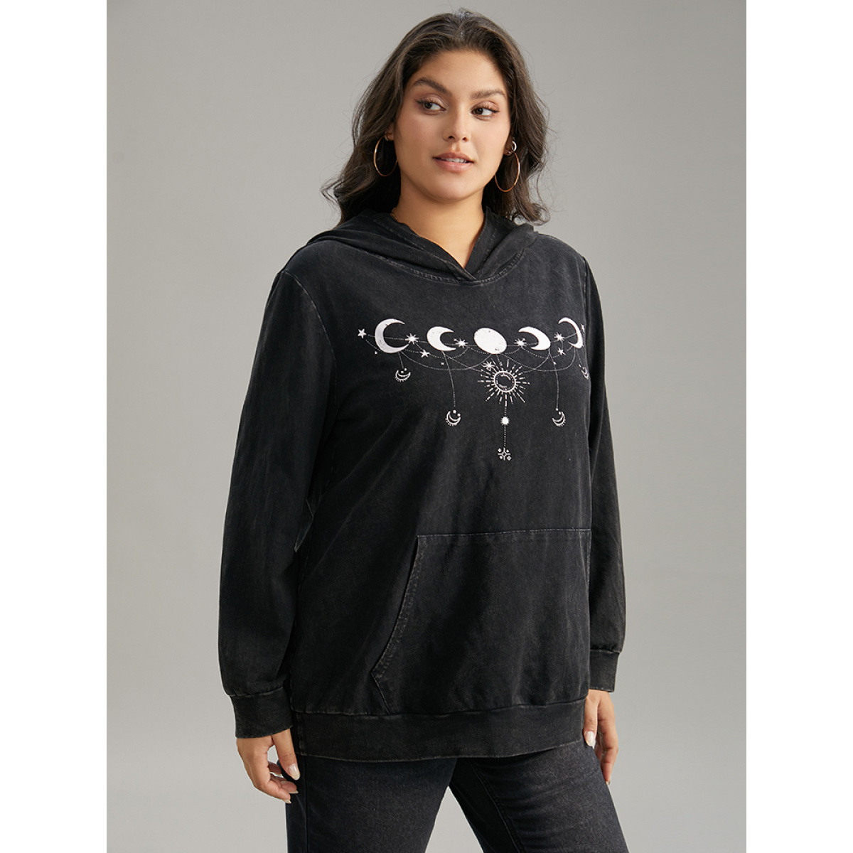 

Plus Size Cotton Moon & Star Print Hooded Pocket Sweatshirt Women Black Casual Printed Hooded Dailywear Sweatshirts BloomChic
