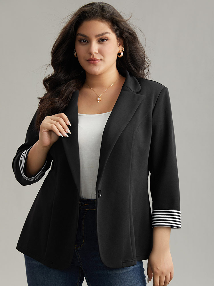 

Plus Size Suit Collar Striped Patchwork Blazer Black Women Work Plain Contrast Sleeve Elbow-length sleeve Suit Collar  Office Blazers BloomChic