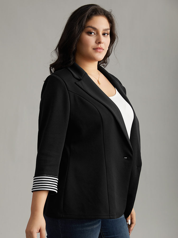 

Plus Size Suit Collar Striped Patchwork Blazer Black Women Work Plain Contrast Sleeve Elbow-length sleeve Suit Collar  Office Blazers BloomChic