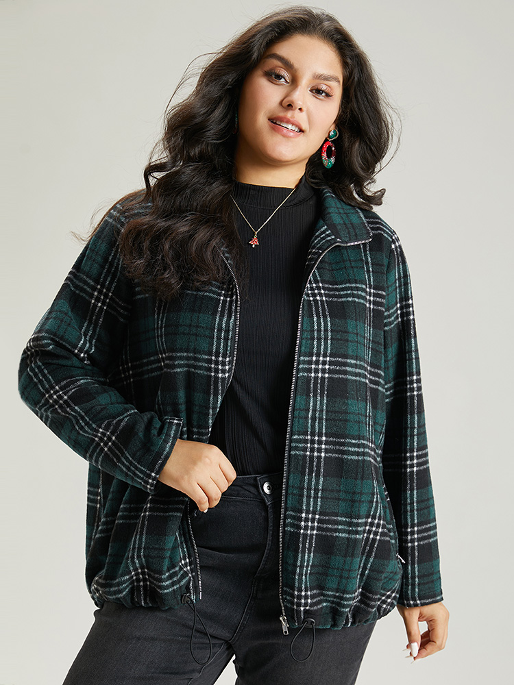 

Plus Size Plaid Lapel Collar Pocket Zipper Fly Jacket Women DarkGreen Contrast Pocket Dailywear Jackets BloomChic