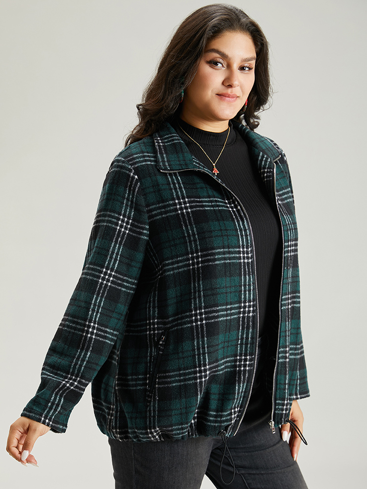 Plus Size Plaid Lapel Collar Pocket Zipper Fly Jacket Women DarkGreen Contrast Pocket Dailywear Jackets BloomChic 12/L 