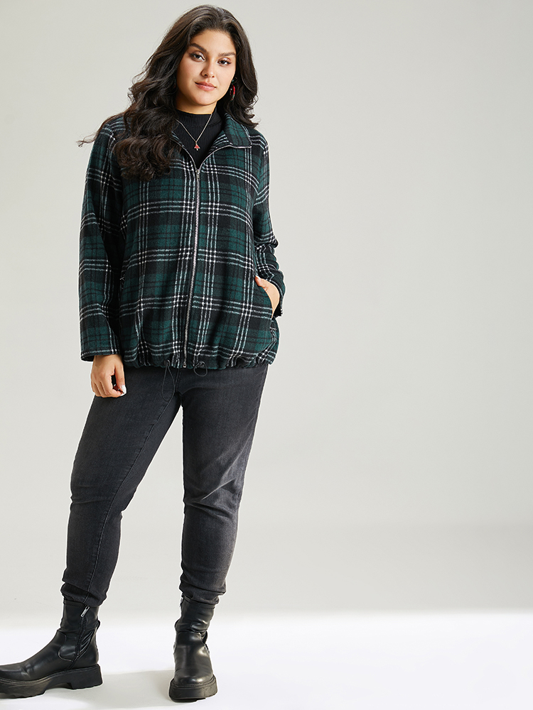 Plus Size Plaid Lapel Collar Pocket Zipper Fly Jacket Women DarkGreen Contrast Pocket Dailywear Jackets BloomChic 12/L 