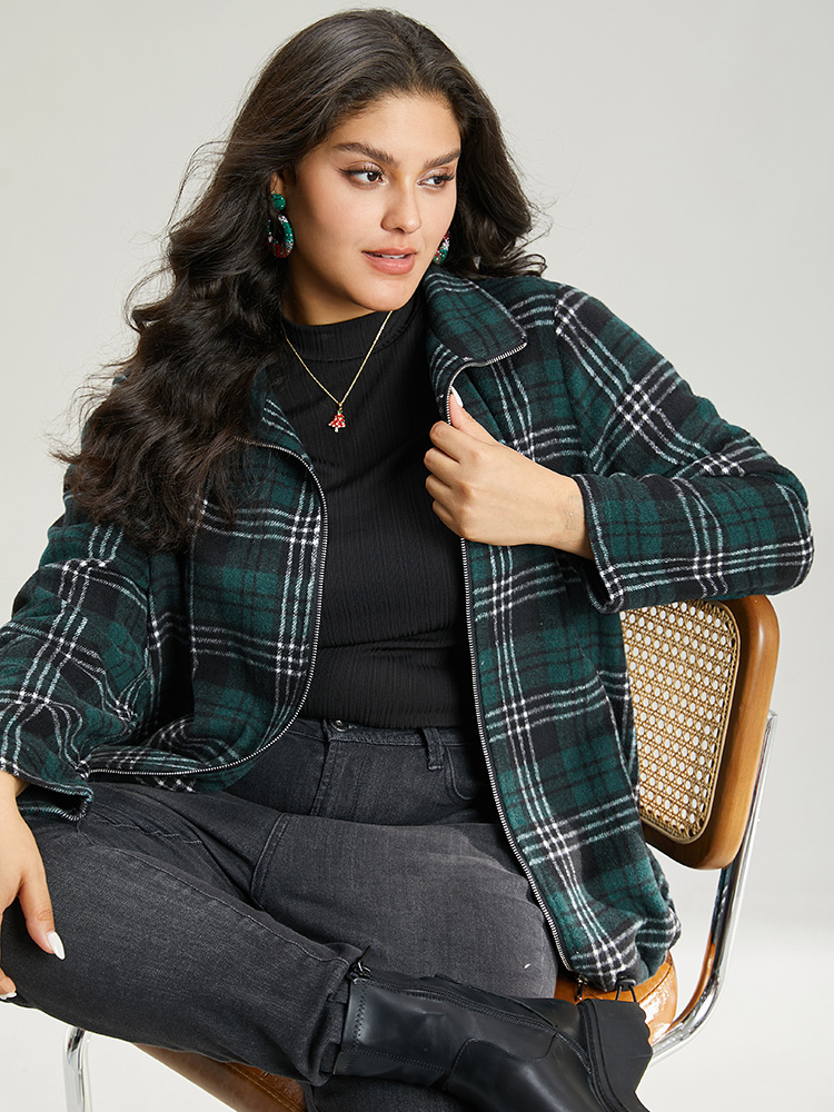 Plus Size Plaid Lapel Collar Pocket Zipper Fly Jacket Women DarkGreen Contrast Pocket Dailywear Jackets BloomChic 12/L 