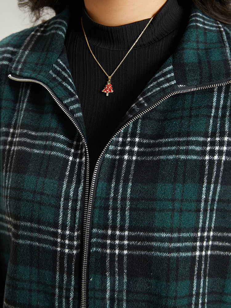 Plus Size Plaid Lapel Collar Pocket Zipper Fly Jacket Women DarkGreen Contrast Pocket Dailywear Jackets BloomChic 12/L 