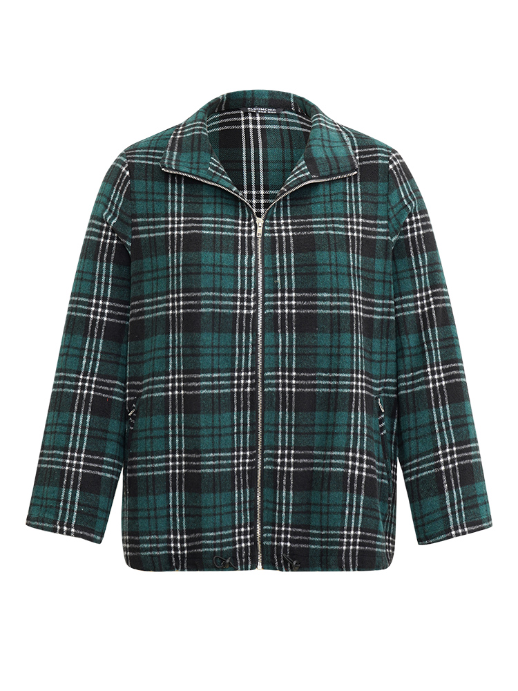 Plus Size Plaid Lapel Collar Pocket Zipper Fly Jacket Women DarkGreen Contrast Pocket Dailywear Jackets BloomChic 12/L 