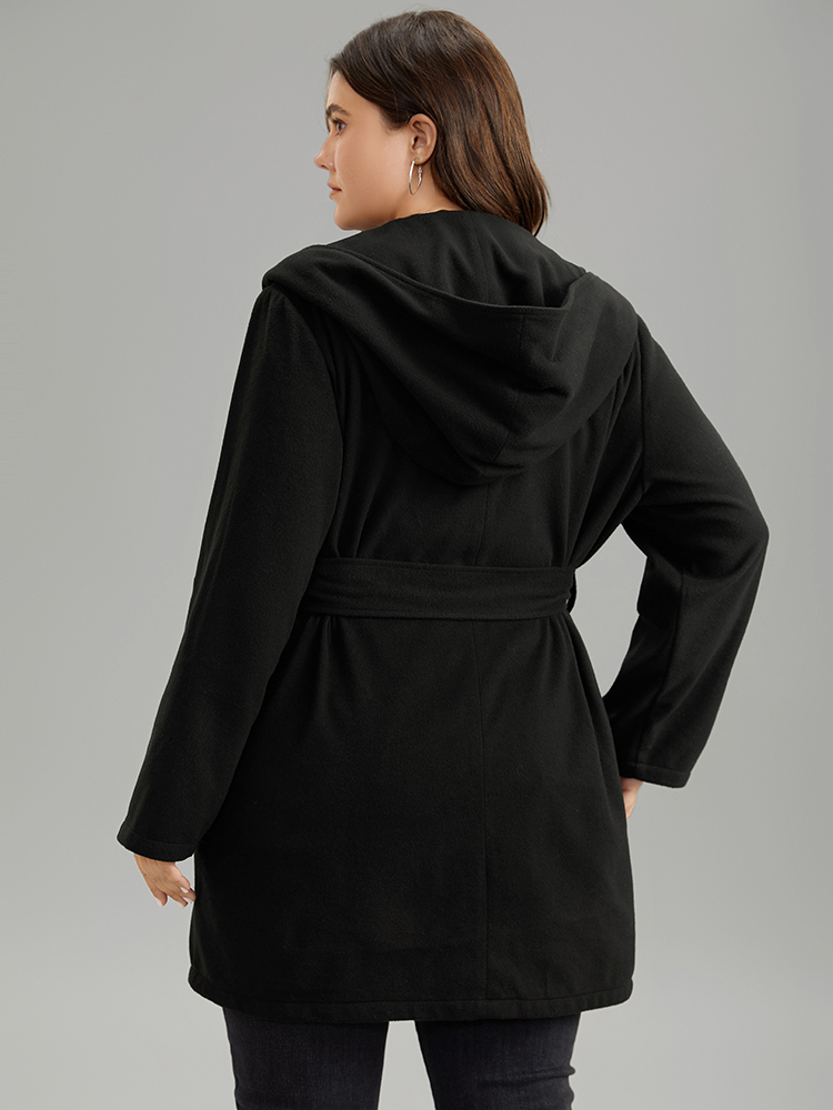 

Plus Size Plain Belted Hooded Tunic Pocket Coat Women Black Casual Plain Ladies Dailywear Winter Coats BloomChic