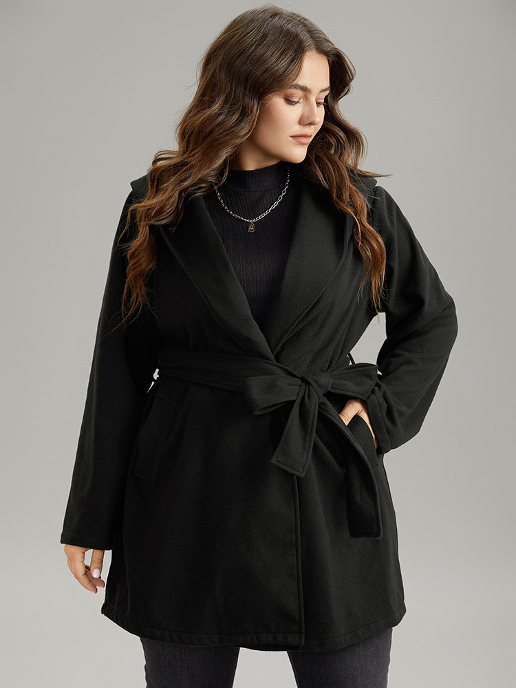 

Plus Size Plain Belted Hooded Tunic Pocket Coat Women Black Casual Plain Ladies Dailywear Winter Coats BloomChic