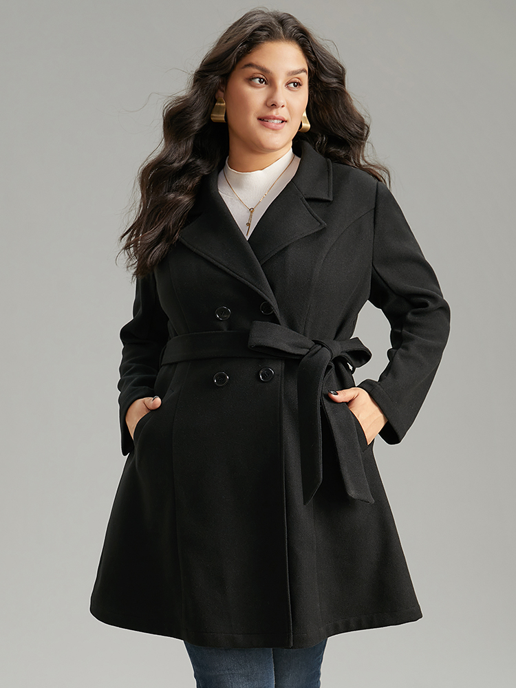 

Plus Size Solid Pocket Double Breasted Belted Coat Women Black Casual Plain Ladies Dailywear Winter Coats BloomChic