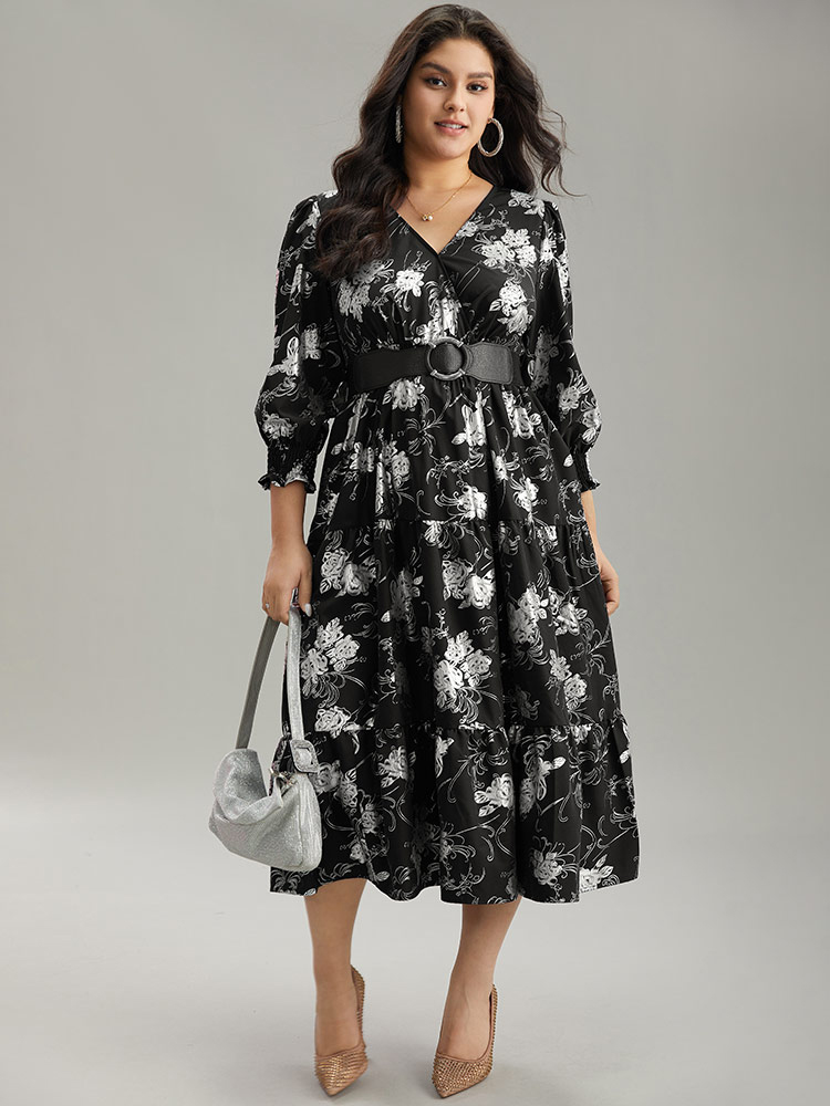 

Plus Size Silhouette Floral Print Glitter Wrap Shirred Dress Black Women Elegant Wrap Overlap Collar Elbow-length sleeve Curvy Midi Dress BloomChic