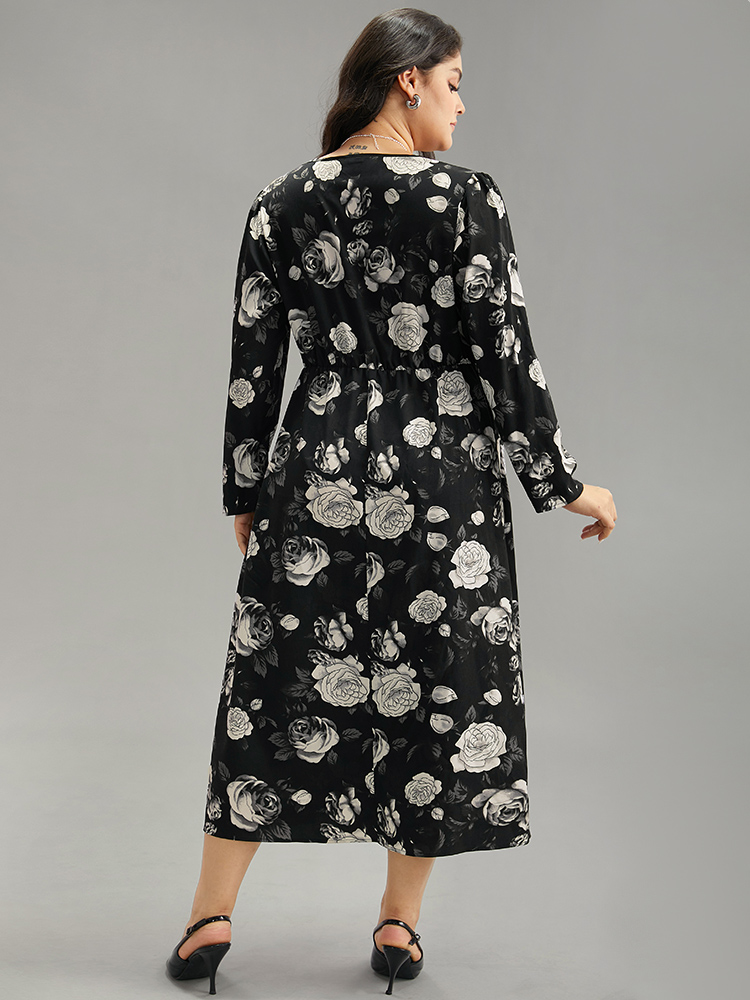 

Plus Size Floral Print Pocket Elastic Waist Wrap Dress Black Women At the Office Wrap Overlap Collar Long Sleeve Curvy Midi Dress BloomChic