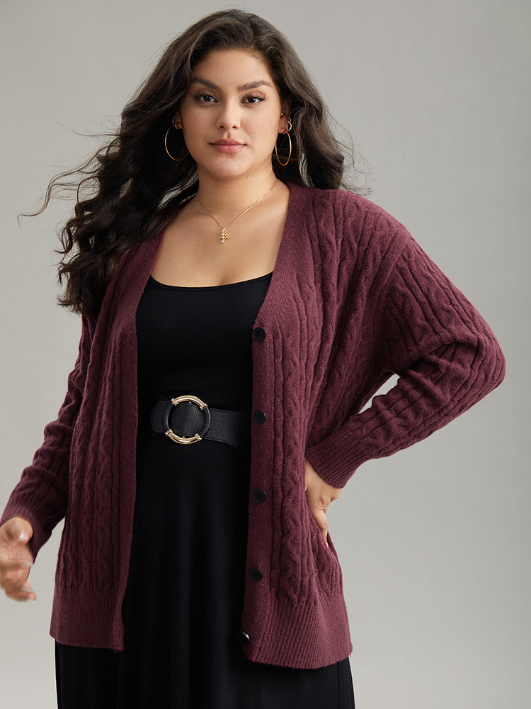 

Plus Size Solid Cable Knit Button Fly Cardigan Burgundy Women Casual Loose Long Sleeve Everyday Cardigans BloomChic