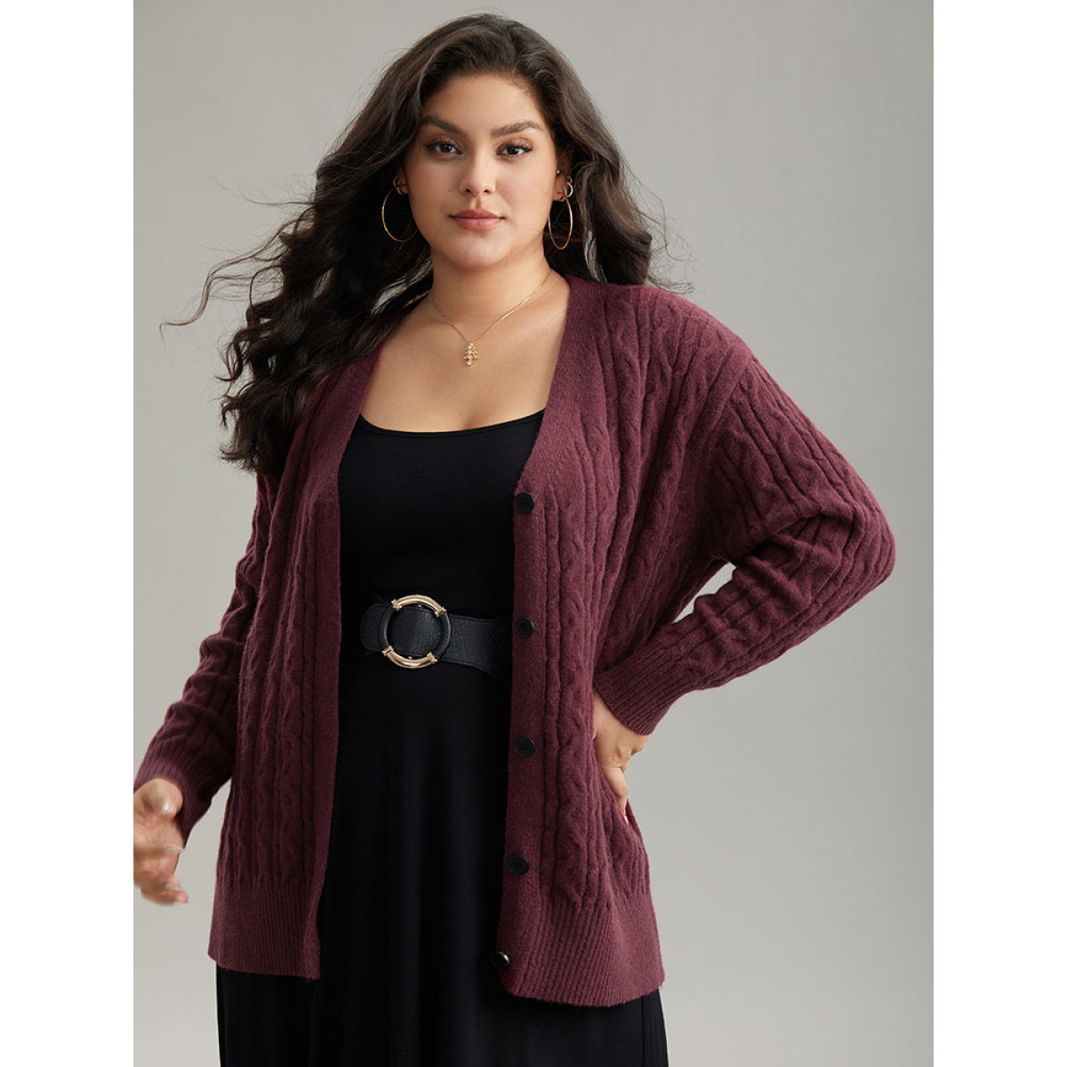 

Plus Size Solid Cable Knit Button Fly Cardigan Burgundy Women Casual Loose Long Sleeve Everyday Cardigans BloomChic