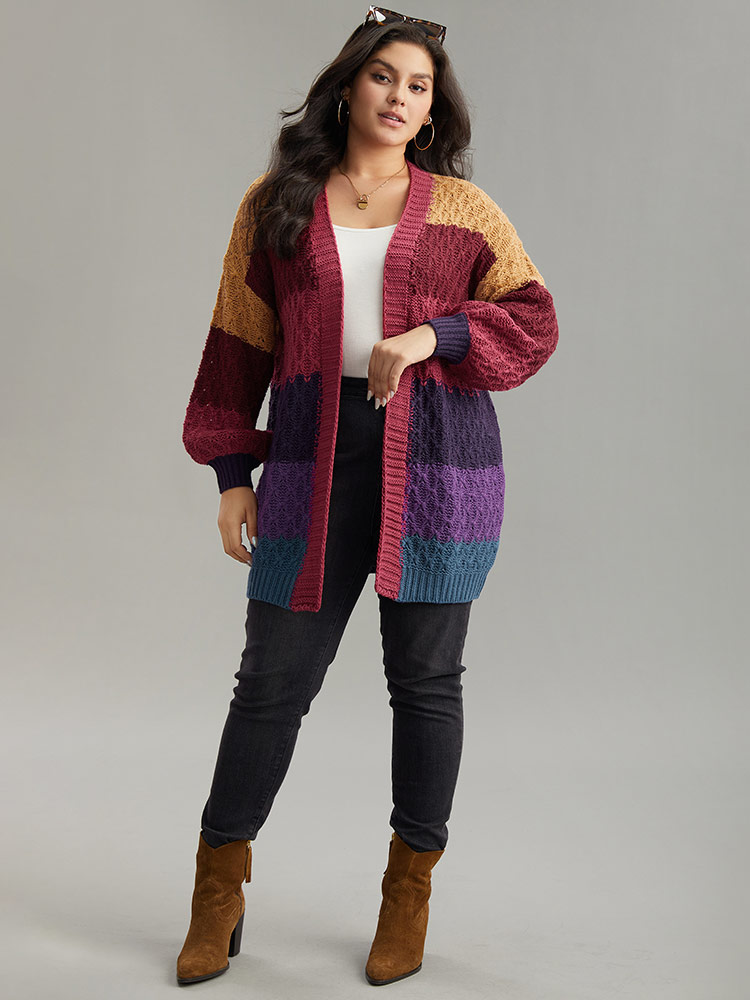 Plus Size Rainbow Colorblock Lantern Sleeve Cardigan Multicolor Women Casual Loose Long Sleeve Dailywear Cardigans BloomChic 12/L 