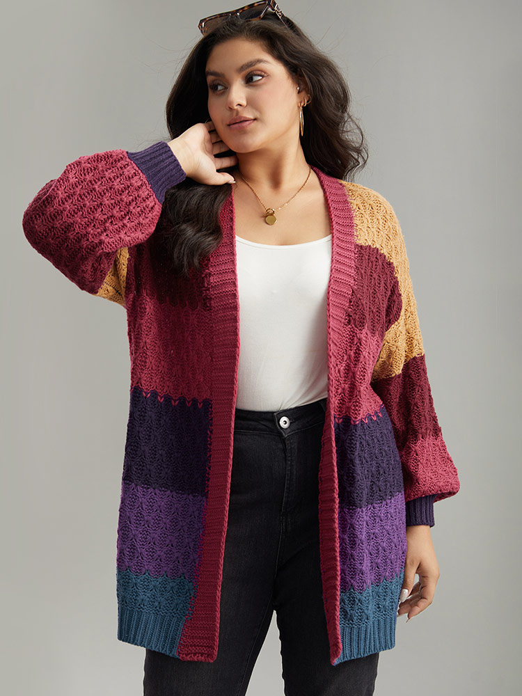 Plus Size Rainbow Colorblock Lantern Sleeve Cardigan Multicolor Women Casual Loose Long Sleeve Dailywear Cardigans BloomChic 12/L 