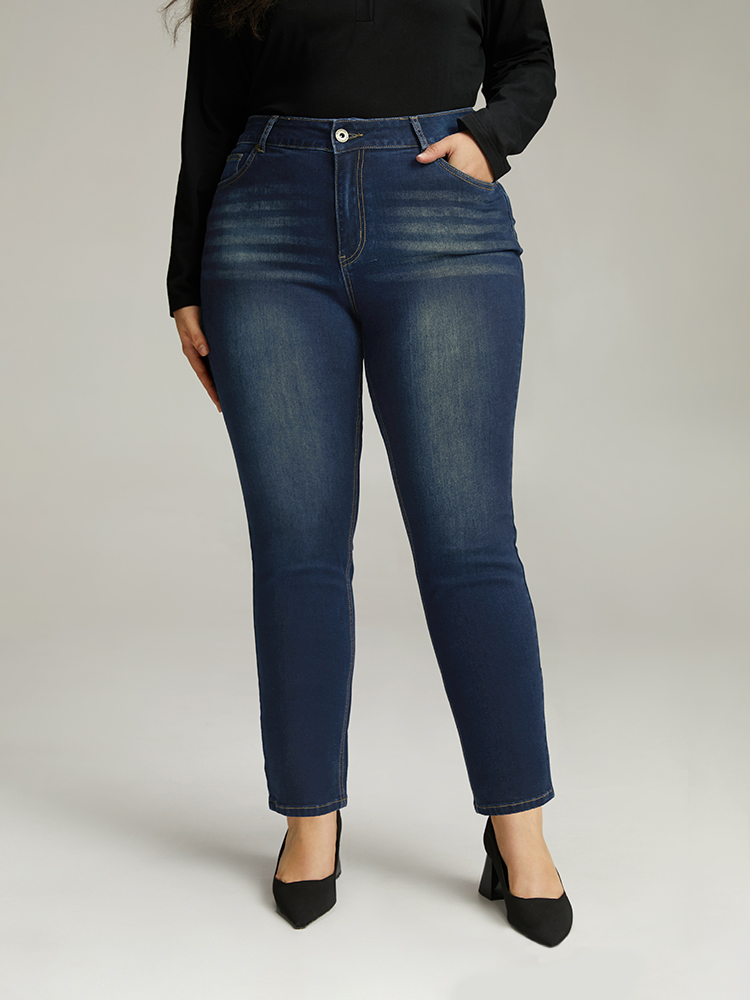 

Plus Size Plain Straight Leg Pocket High Rise Jeans Women Aegean Casual Plain Plain High stretch Pocket Jeans BloomChic