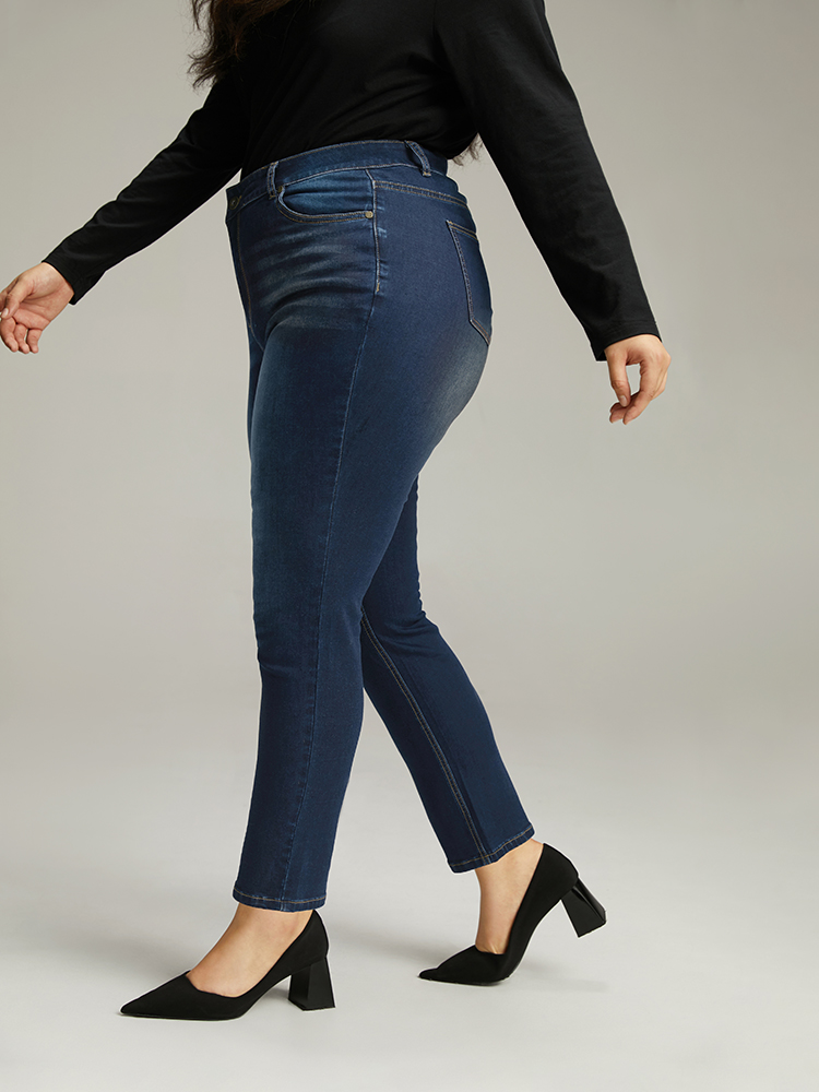 Plus Size Plain Straight Leg Pocket High Rise Jeans Women Aegean Casual Plain Plain High stretch Pocket Jeans BloomChic 22/3X 