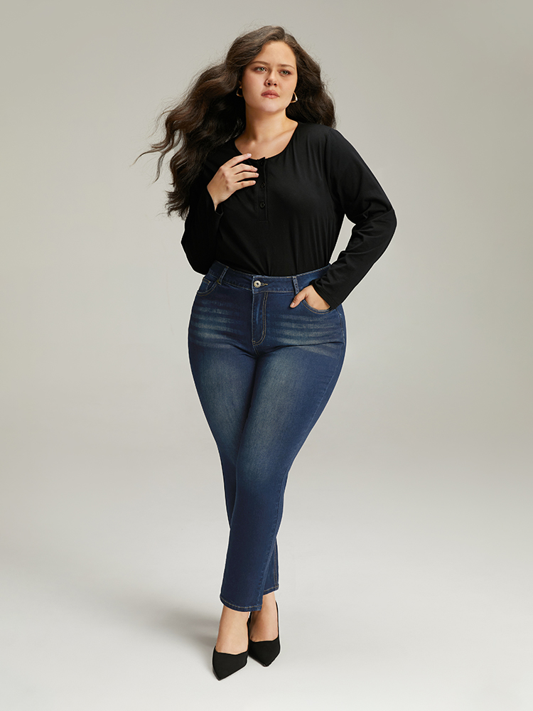 Plus Size Plain Straight Leg Pocket High Rise Jeans Women Aegean Casual Plain Plain High stretch Pocket Jeans BloomChic 22/3X 