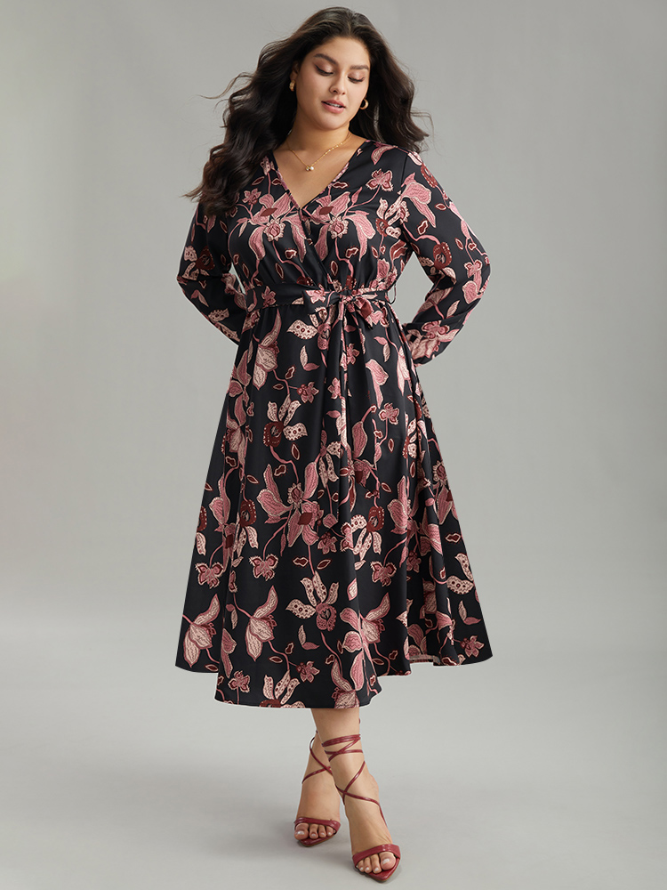 

Plus Size Floral Lantern Sleeve Belted Overlap Collar Dress Black Women Elegant Elastic cuffs Overlap Collar Long Sleeve Curvy Midi Dress BloomChic